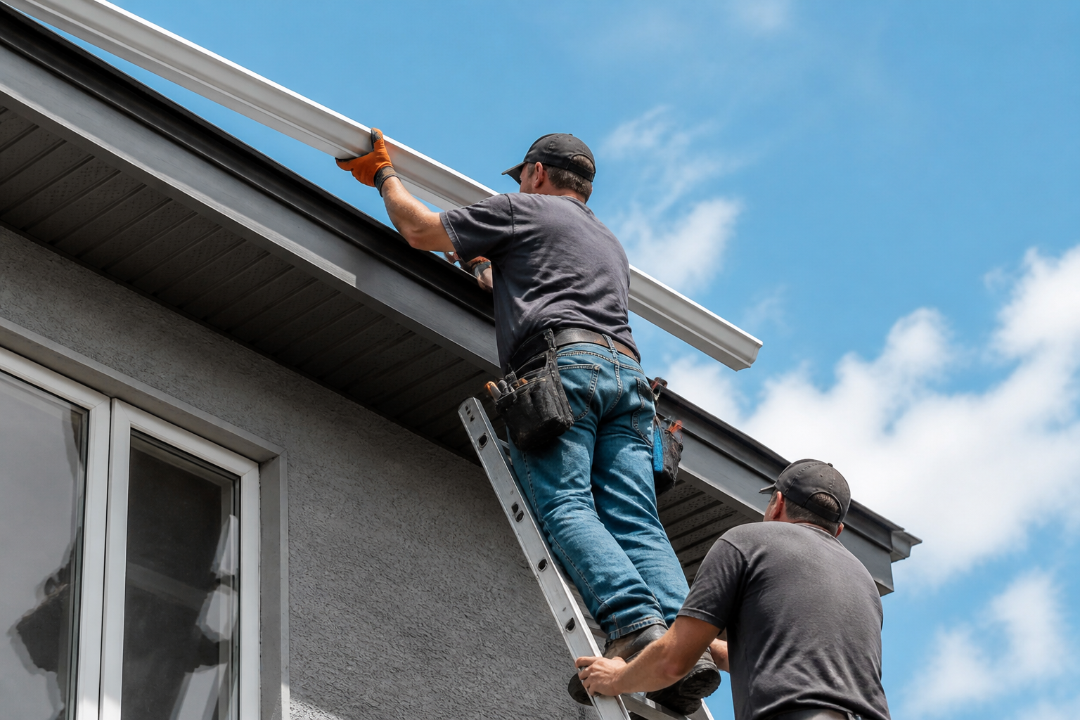 Local Chapin Gutter crew installing seamless aluminum gutters on a home